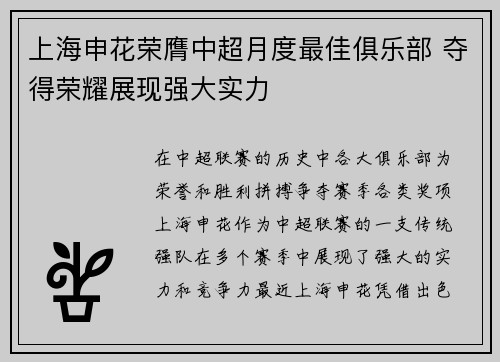 上海申花荣膺中超月度最佳俱乐部 夺得荣耀展现强大实力