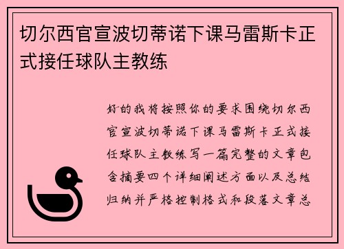 切尔西官宣波切蒂诺下课马雷斯卡正式接任球队主教练