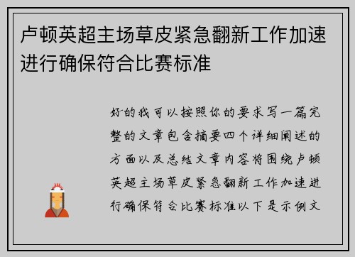 卢顿英超主场草皮紧急翻新工作加速进行确保符合比赛标准