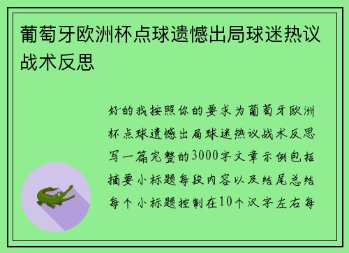 葡萄牙欧洲杯点球遗憾出局球迷热议战术反思