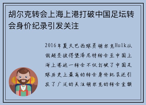 胡尔克转会上海上港打破中国足坛转会身价纪录引发关注